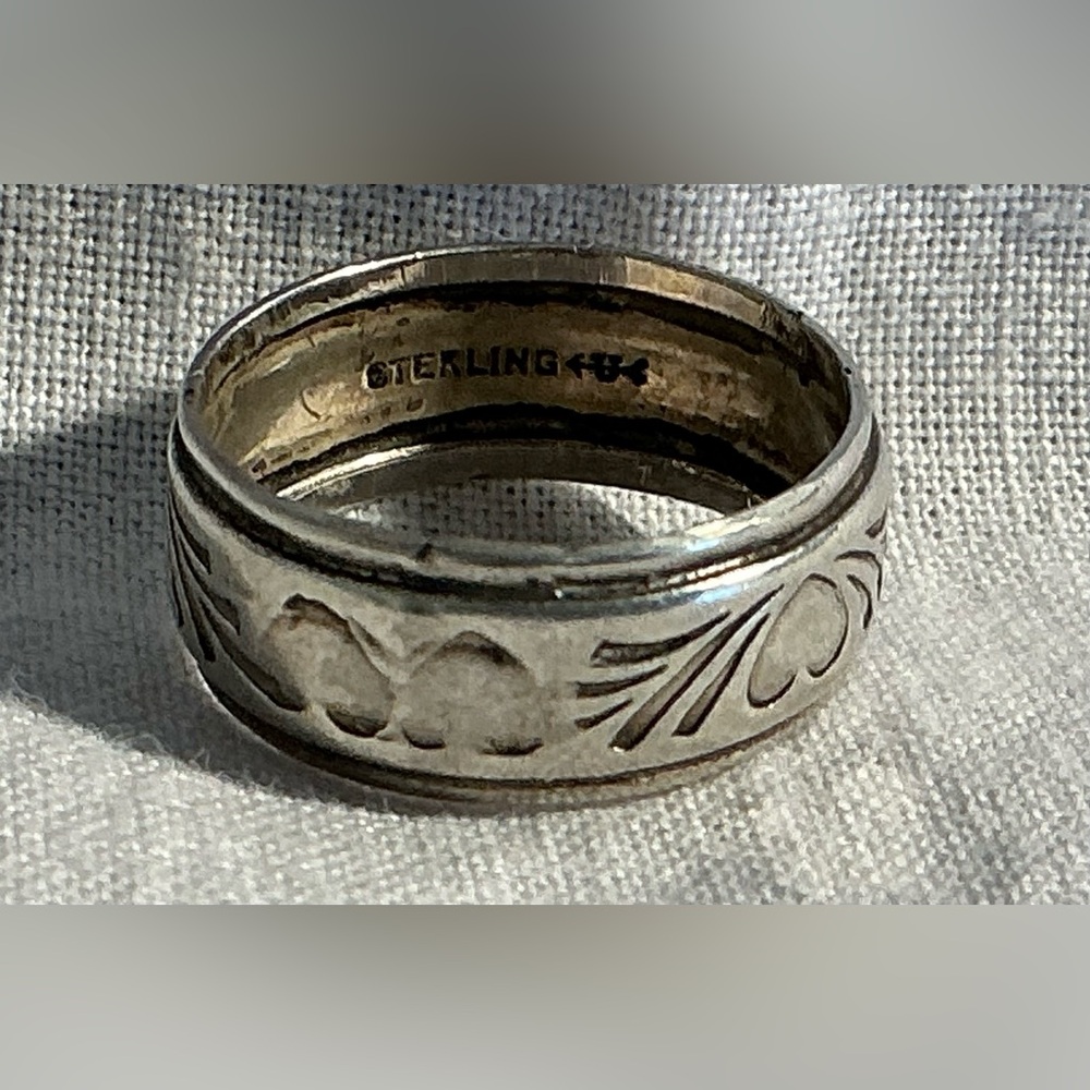 Stamped 925 Sterling Silver Heart Uncas Wedding Band Ring Size 5.75 Vintage